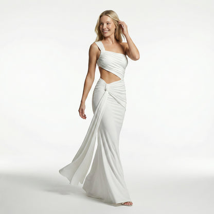 Zora Women's One Shoulder Ruched Maxi Dress, Side Cutout Slim Fit
