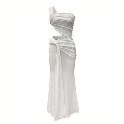 Zora Women's One Shoulder Ruched Maxi Dress, Side Cutout Slim Fit