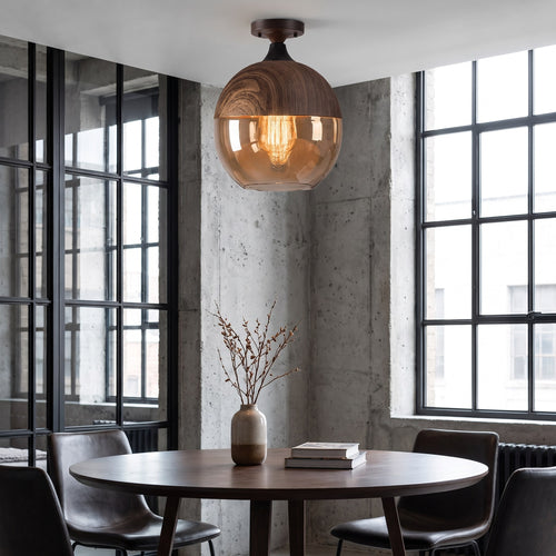 Amber Glass and Wood-Tone Pendant Light
