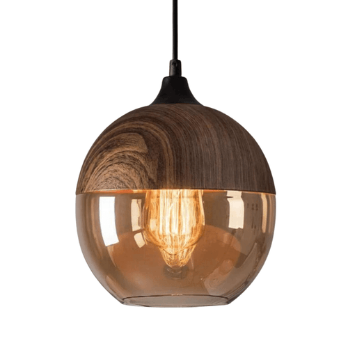 Amber Glass and Wood-Tone Pendant Light