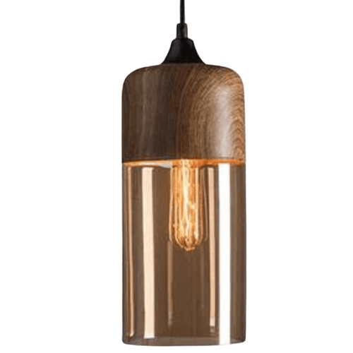 Amber Glass and Wood-Tone Pendant Light
