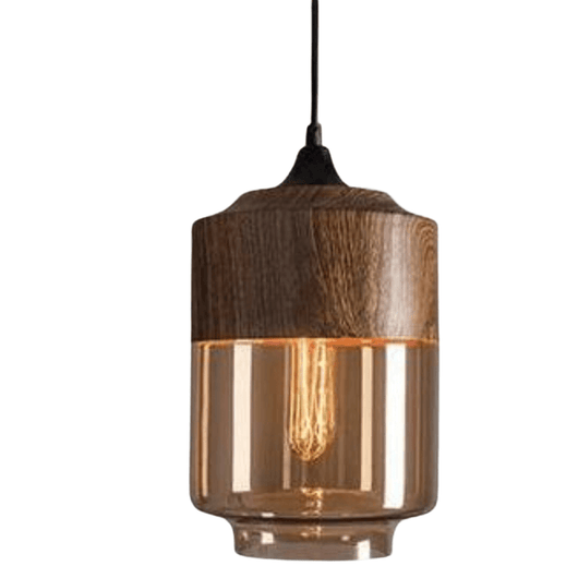 Amber Glass and Wood-Tone Pendant Light - Type C