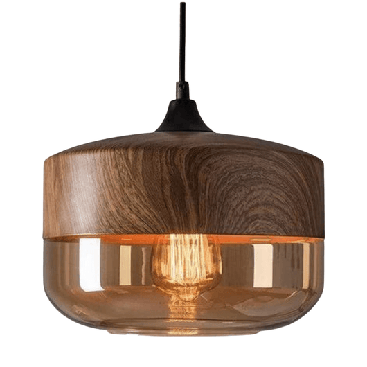 Amber Glass and Wood-Tone Pendant Light - Type D