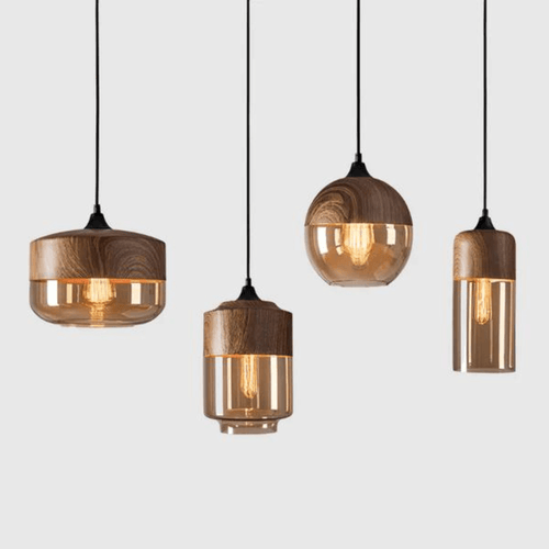 Amber Glass and Wood-Tone Pendant Light