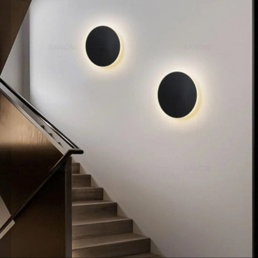 Backlit Round LED Wall Sconce - Black / 20cm