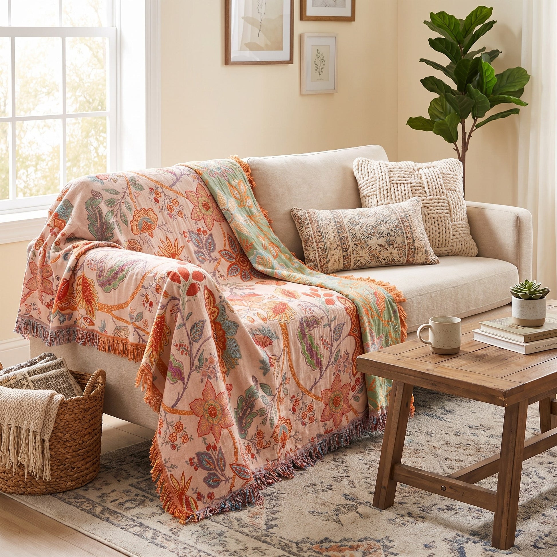 Boho Floral Cotton Throw Blanket with Fringe