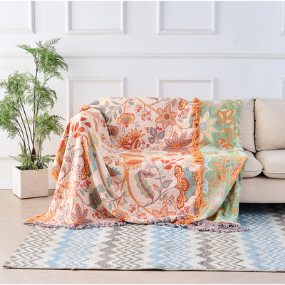 Boho Floral Cotton Throw Blanket with Fringe