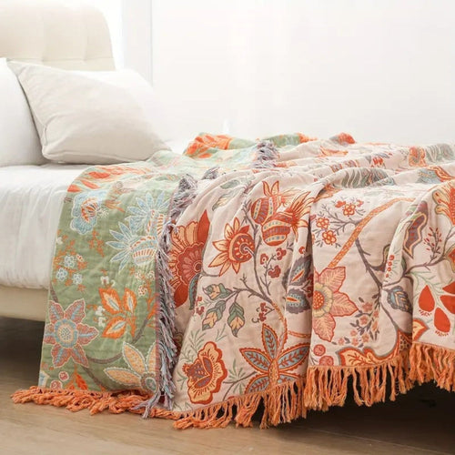 Boho Floral Cotton Throw Blanket with Fringe