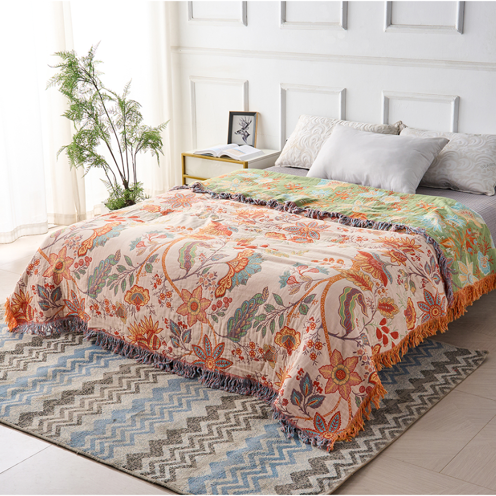 Boho Floral Cotton Throw Blanket with Fringe