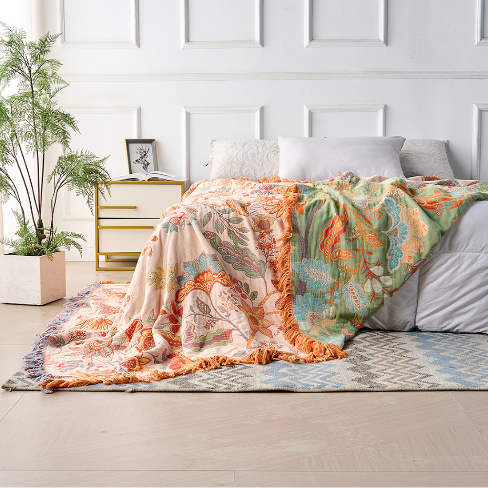 Boho Floral Cotton Throw Blanket with Fringe