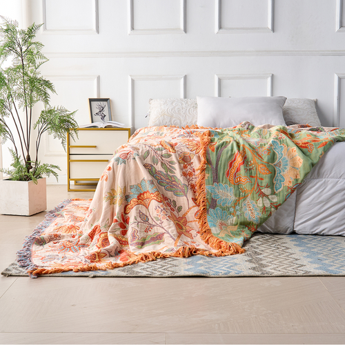Boho Floral Cotton Throw Blanket with Fringe