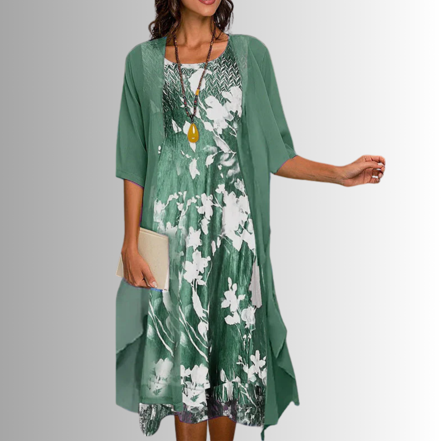 Brigitte Flowy-Cardigan Two-Piece Midi Dress