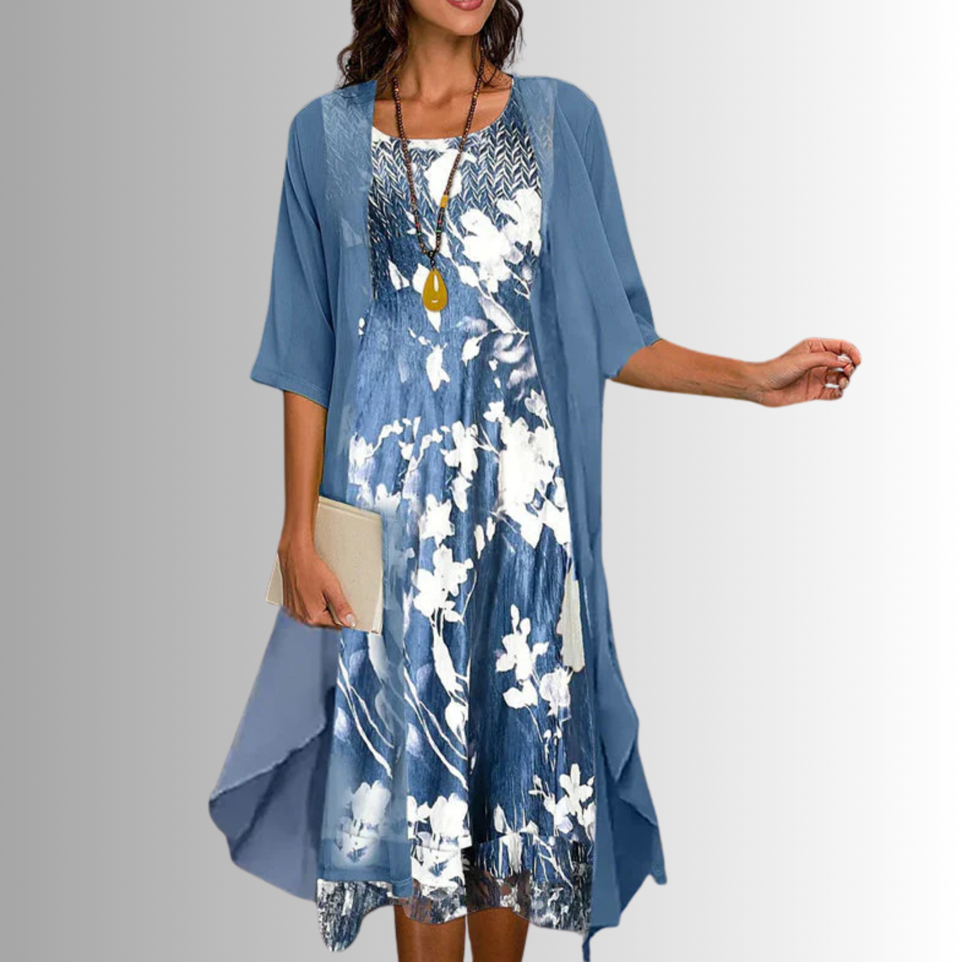 Brigitte Flowy-Cardigan Two-Piece Midi Dress