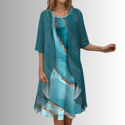 Brigitte Flowy-Cardigan Two-Piece Midi Dress