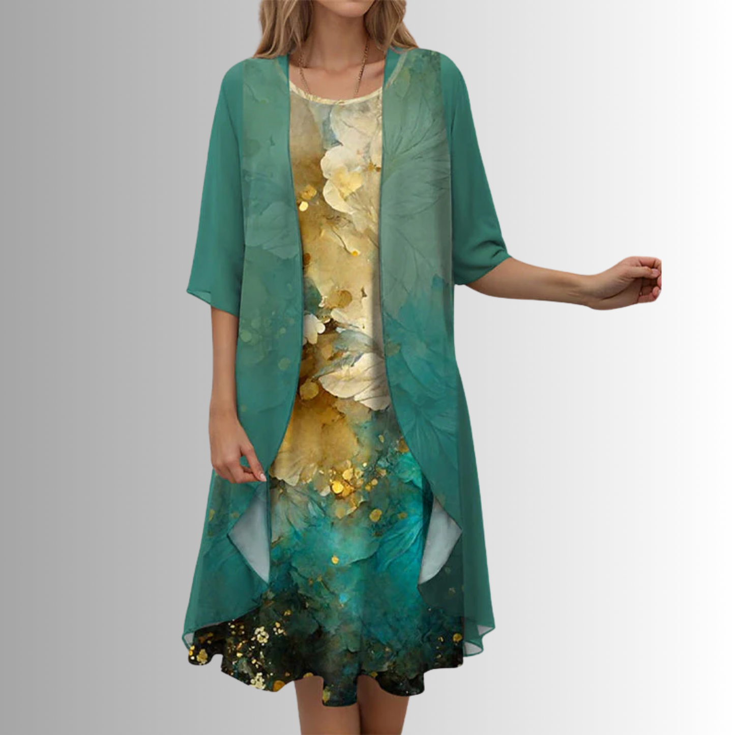Brigitte Flowy-Cardigan Two-Piece Midi Dress