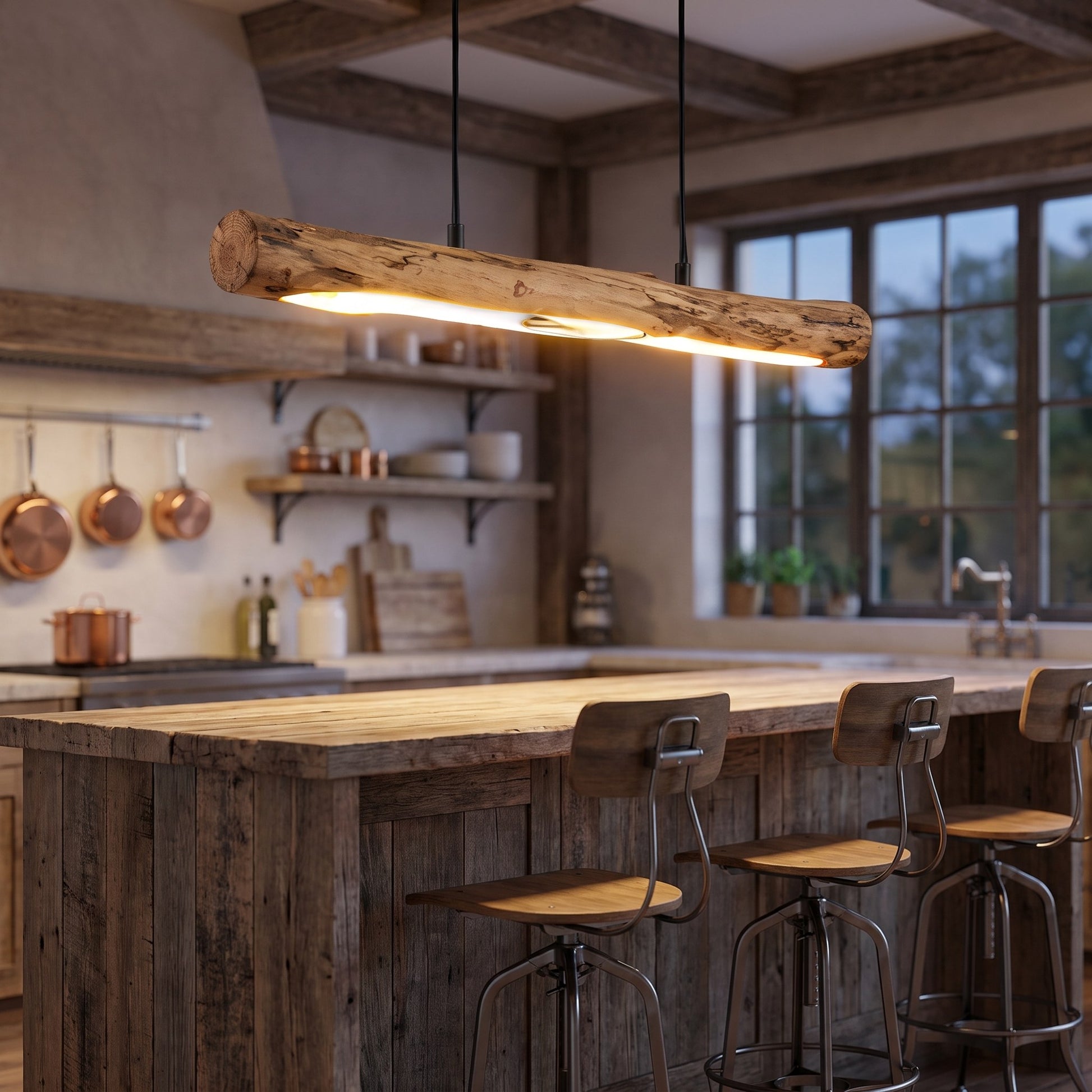 Dimmable Rustic Wood Log Pendant Light