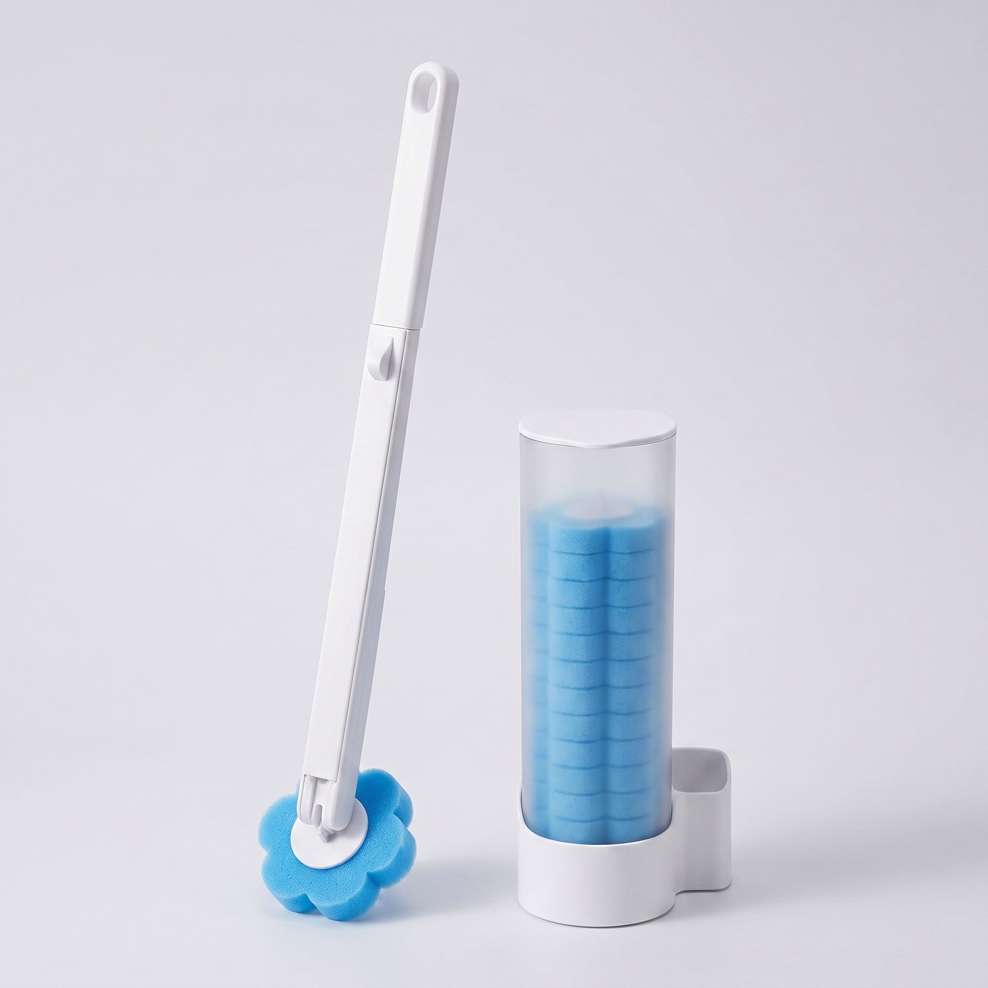 Disposable Sponge Head Toilet Brush with Storage Caddy - Blue / Full Kit (Brush + 18pcs)