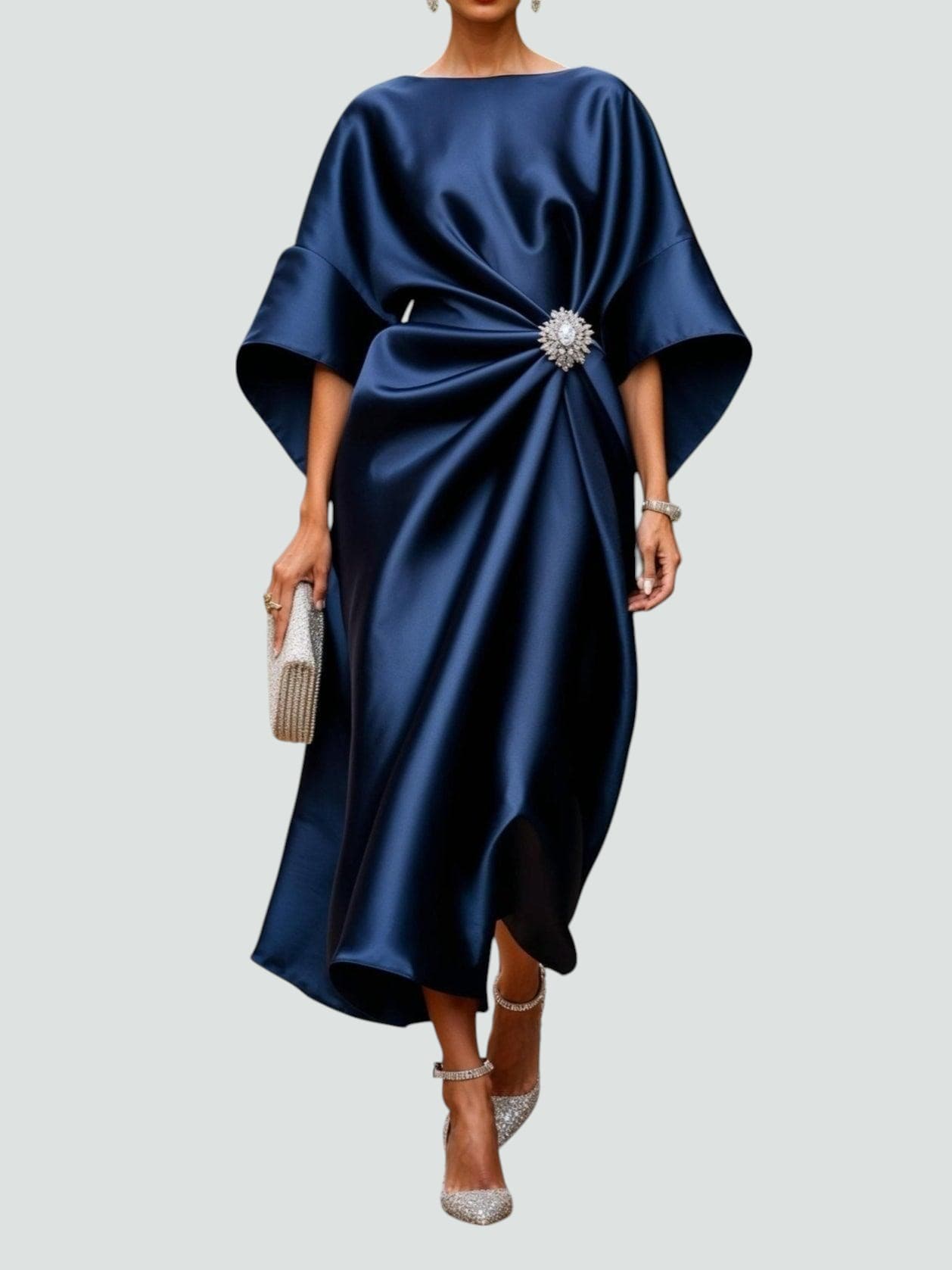 Emeline Brooch-Waist Satin Midi Dress