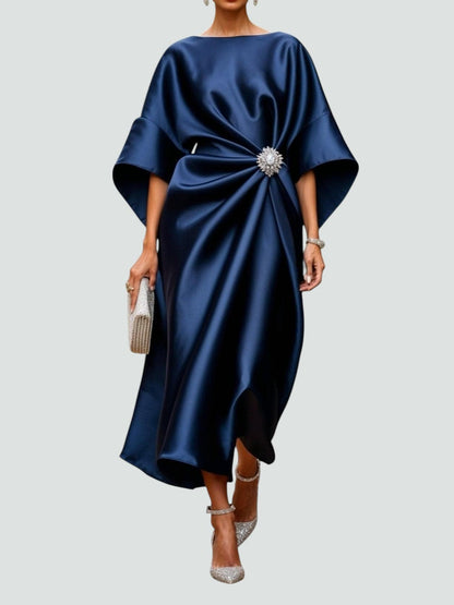 Emeline Brooch-Waist Satin Midi Dress