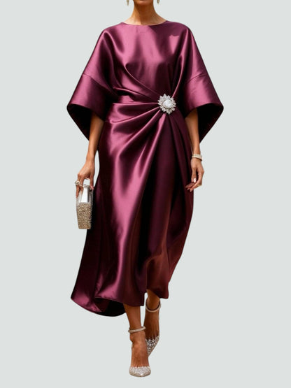 Emeline Brooch-Waist Satin Midi Dress
