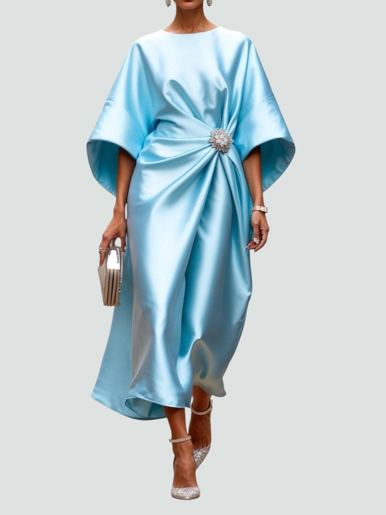 Emeline Brooch-Waist Satin Midi Dress