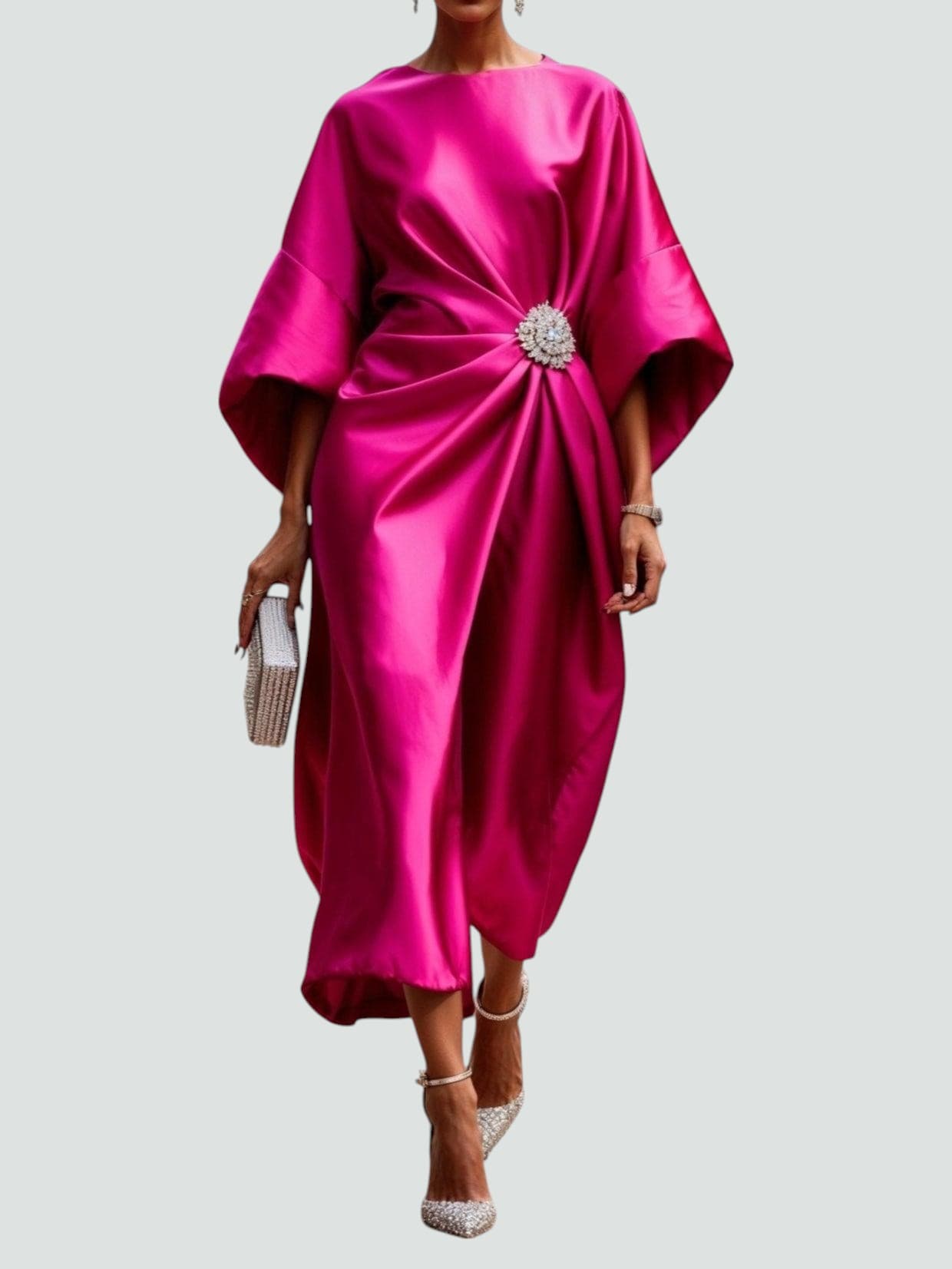 Emeline Brooch-Waist Satin Midi Dress