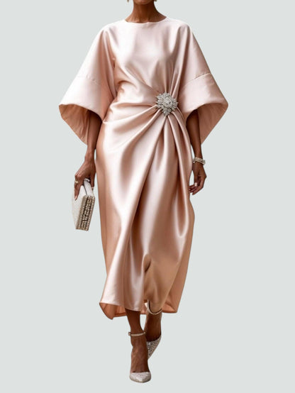 Emeline Brooch-Waist Satin Midi Dress
