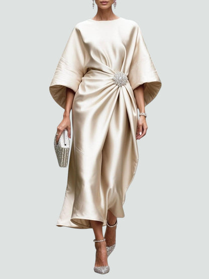 Emeline Brooch-Waist Satin Midi Dress