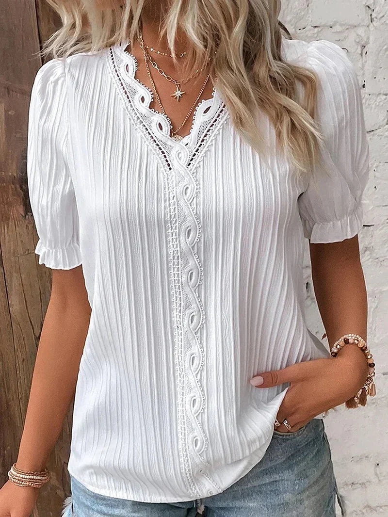 Estelle Lace-Trim V-Neck Puff Sleeve Blouse
