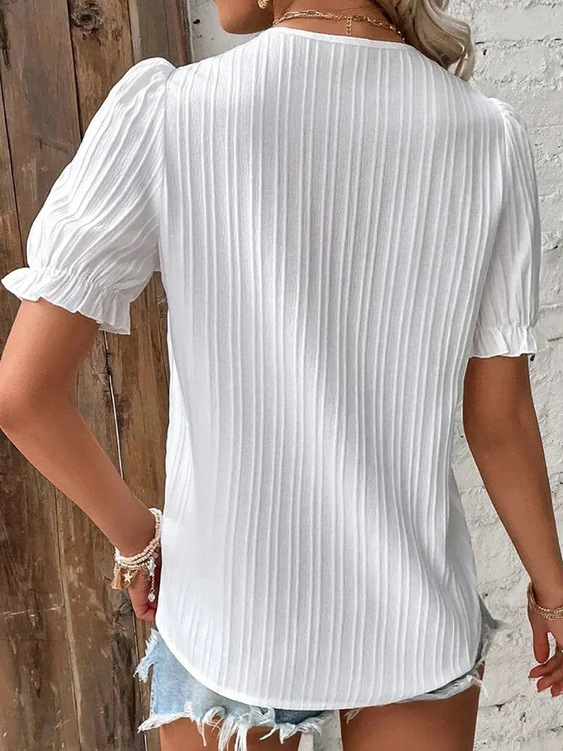 Estelle Lace-Trim V-Neck Puff Sleeve Blouse