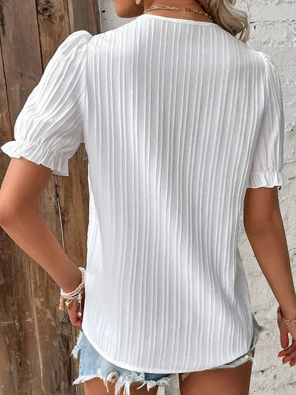 Estelle Lace-Trim V-Neck Puff Sleeve Blouse