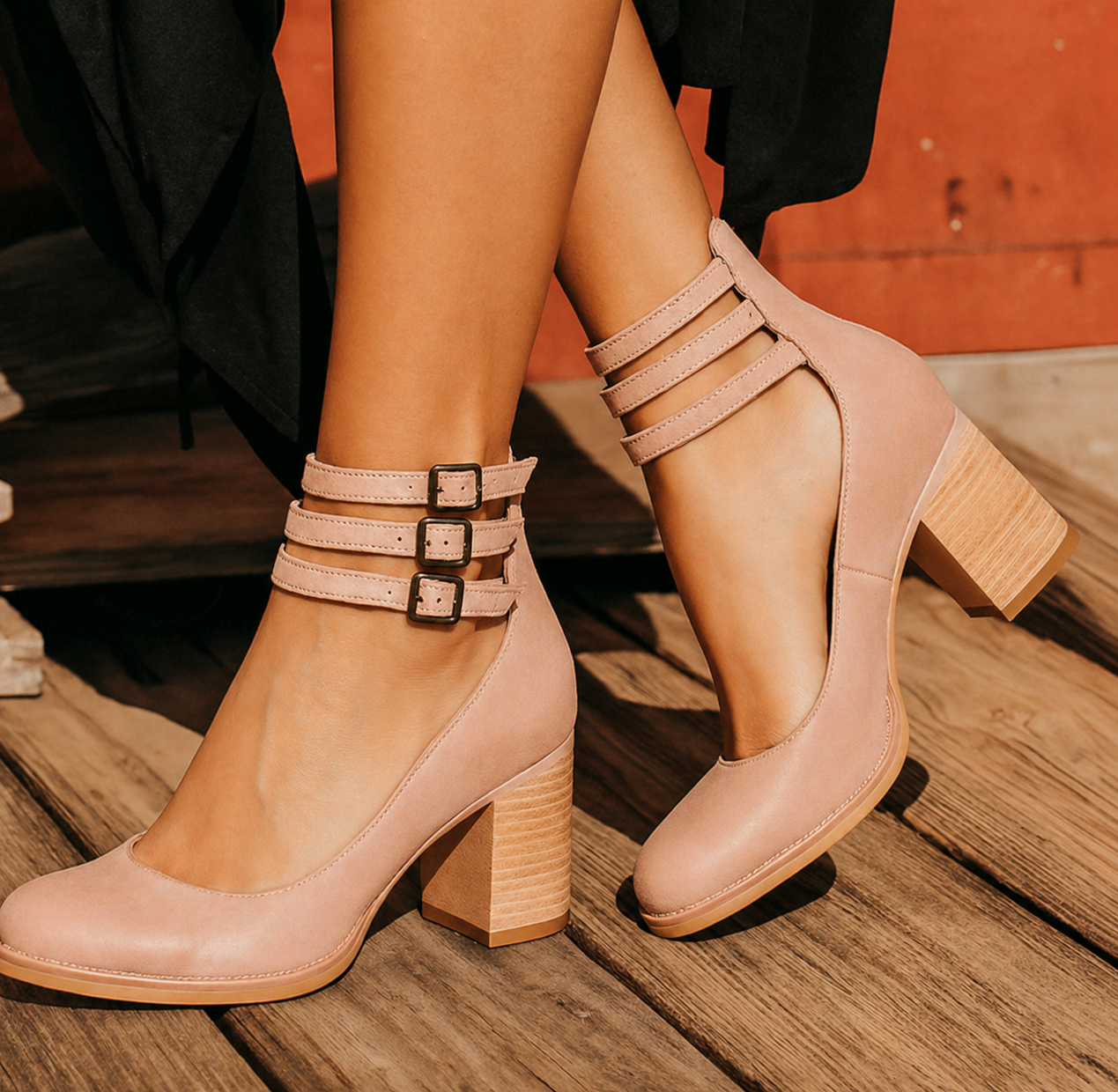 Fleur Double-Buckle Block Heel Pumps