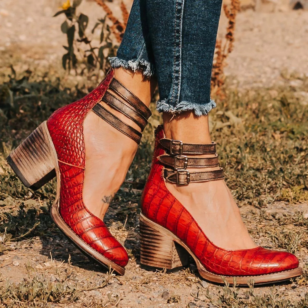 Fleur Double-Buckle Block Heel Pumps
