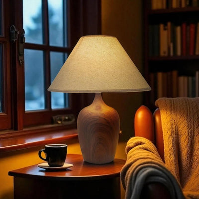 Floral Fabric Shade Bedside Table Lamp - Heather gray [wood grain style]