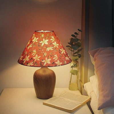 Floral Fabric Shade Bedside Table Lamp - Magnolia Red [Wood Grain Style]