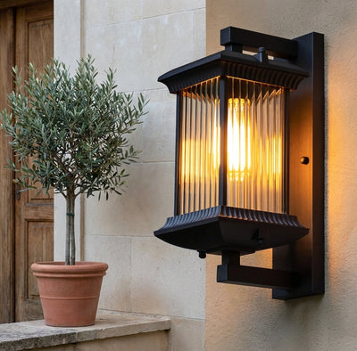 Fluted Glass Outdoor Wall Lantern - Black
