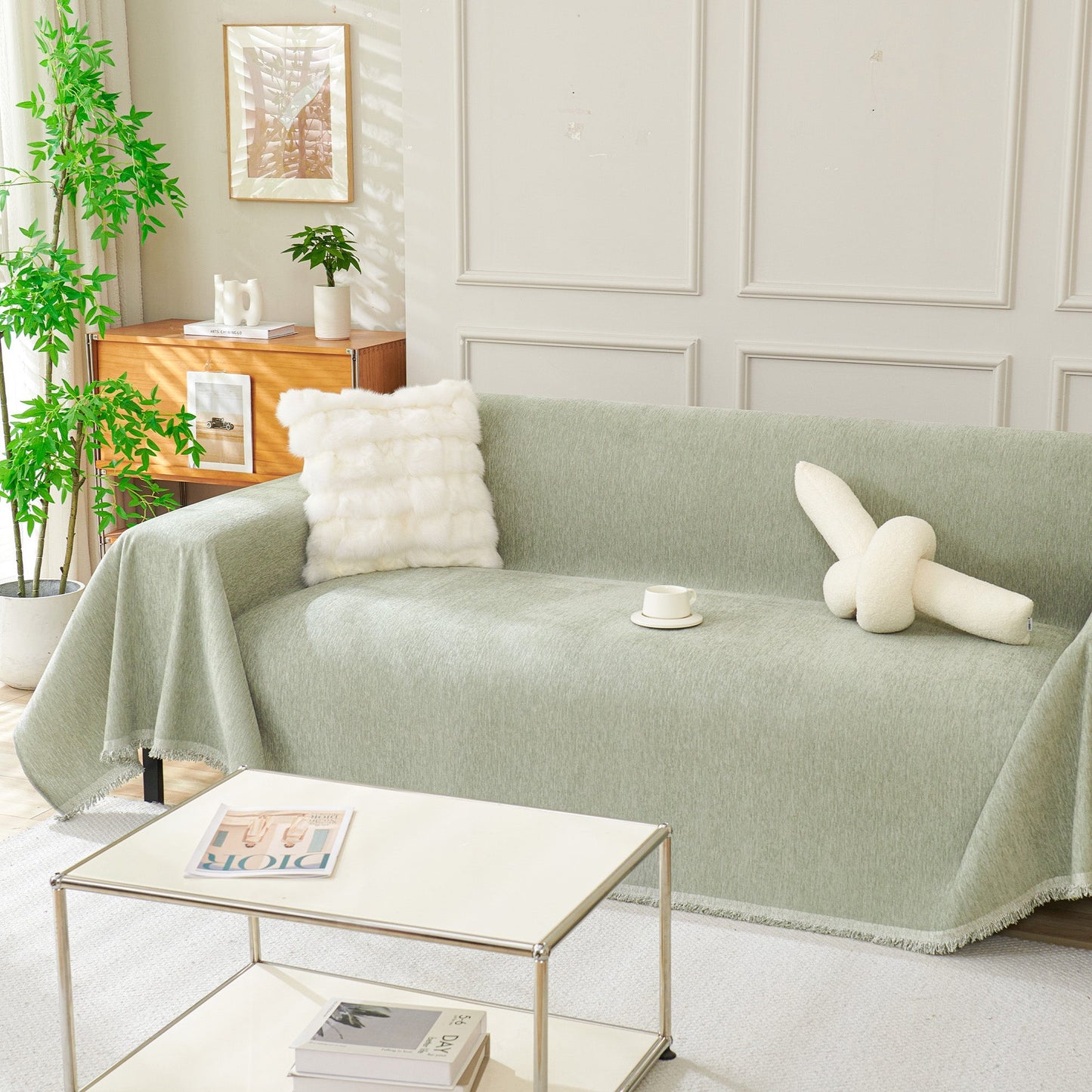 Fringed Woven Sofa Cover Throw - Subtle Green