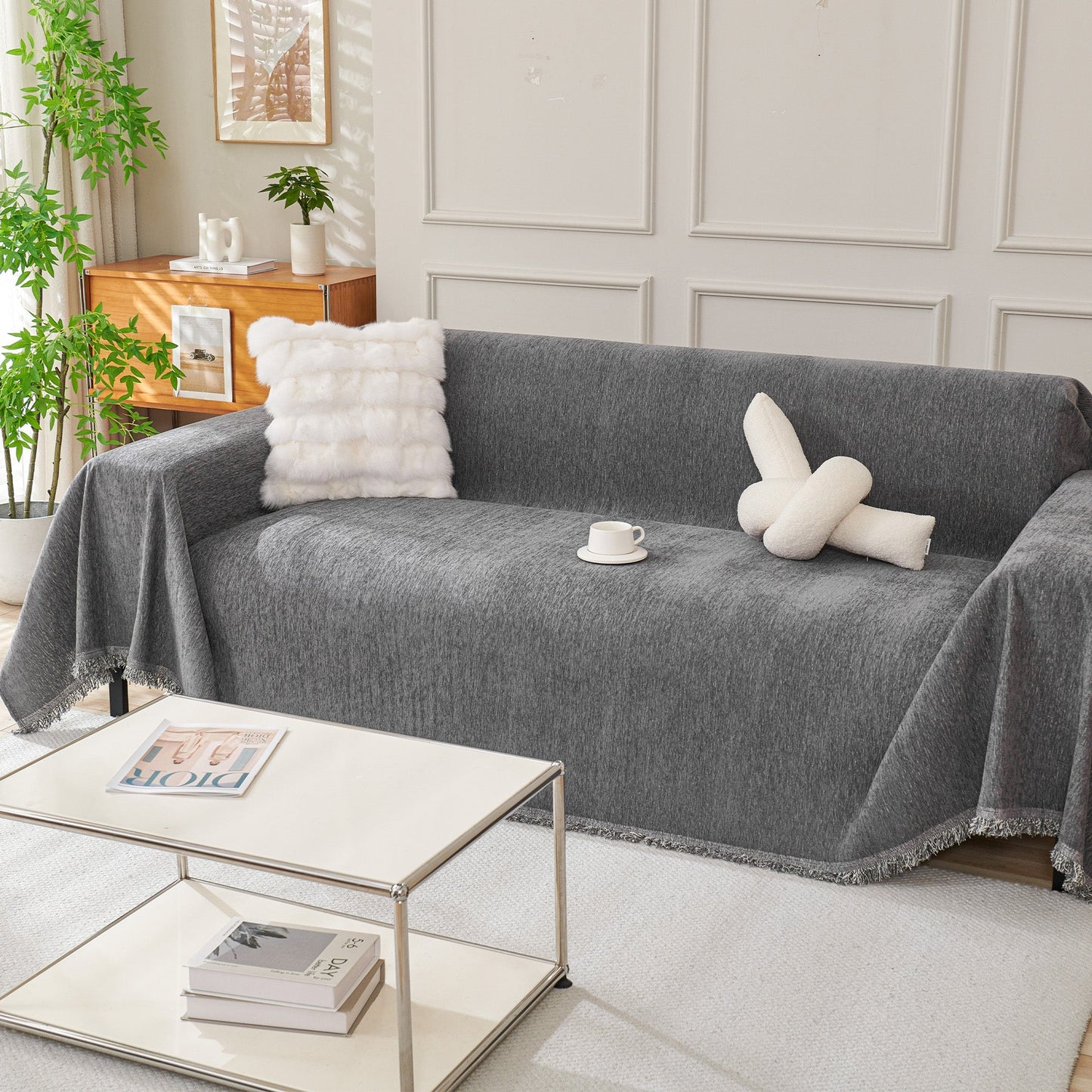 Fringed Woven Sofa Cover Throw - Dark Grey