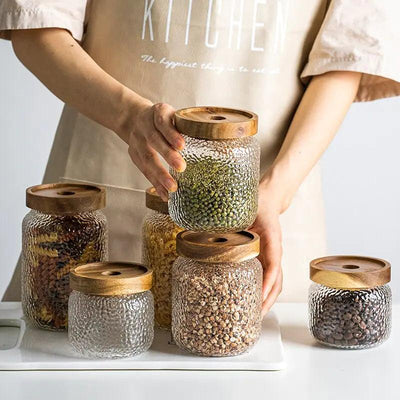 Hammered Glass Storage Jar with Wooden Lid