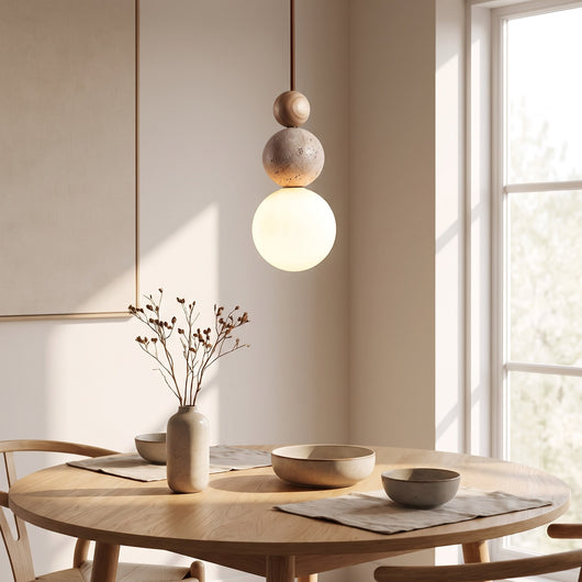 Japandi Travertine Stone Pendant Light - Wood