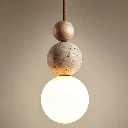 Japandi Travertine Stone Pendant Light - Wood