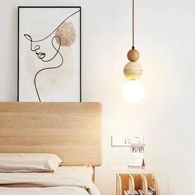 Japandi Travertine Stone Pendant Light - Wood