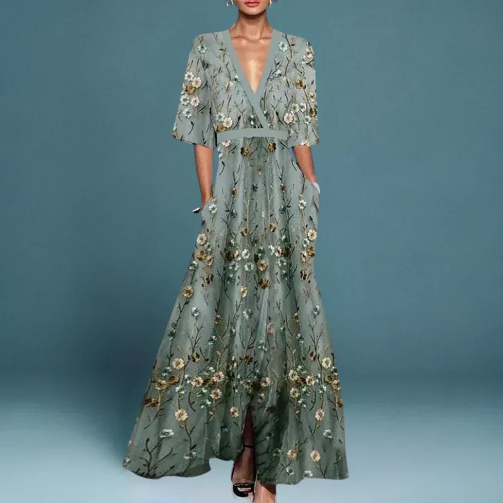 Juliette Floral-Embroidered V-Neck Maxi Dress