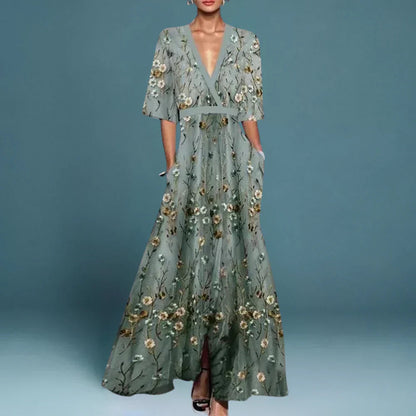 Juliette Floral-Embroidered V-Neck Maxi Dress