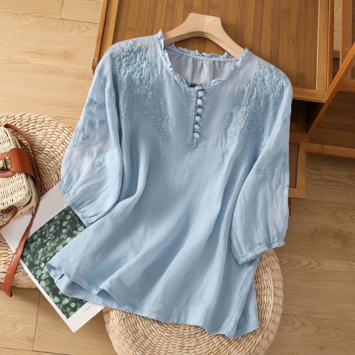 Louise Floral-Embroidered Ruffle-Neck Blouse