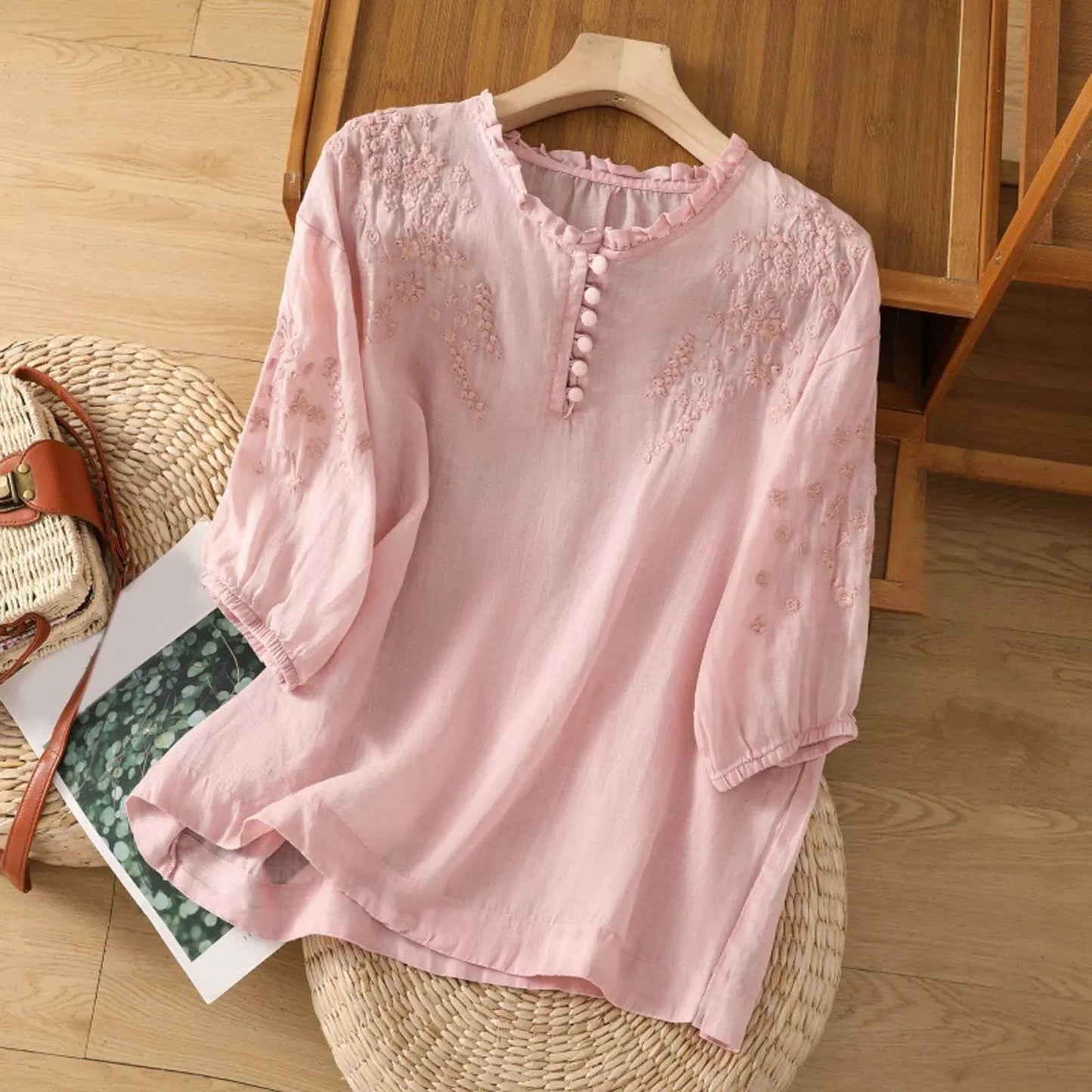 Louise Floral-Embroidered Ruffle-Neck Blouse