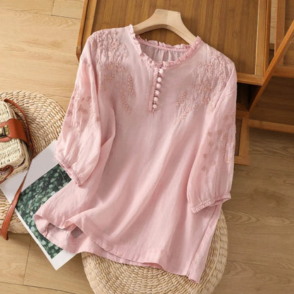 Louise Floral-Embroidered Ruffle-Neck Blouse
