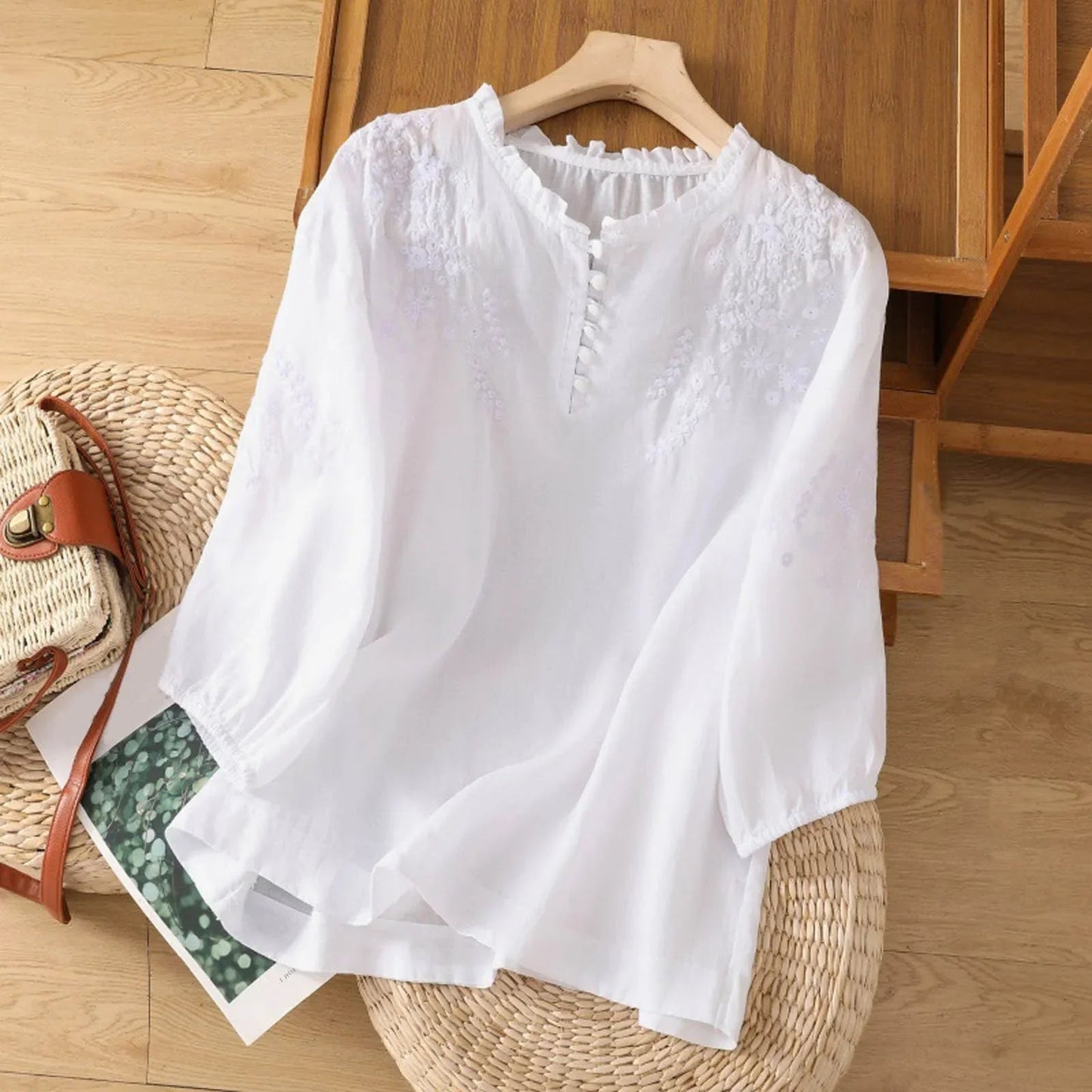 Louise Floral-Embroidered Ruffle-Neck Blouse