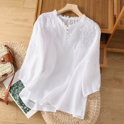 Louise Floral-Embroidered Ruffle-Neck Blouse