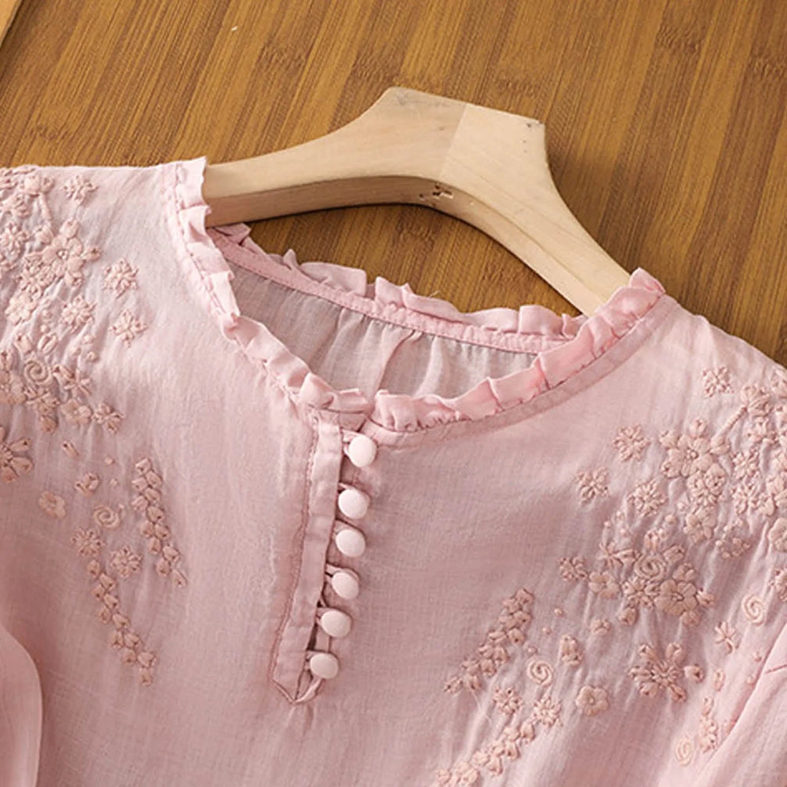 Louise Floral-Embroidered Ruffle-Neck Blouse